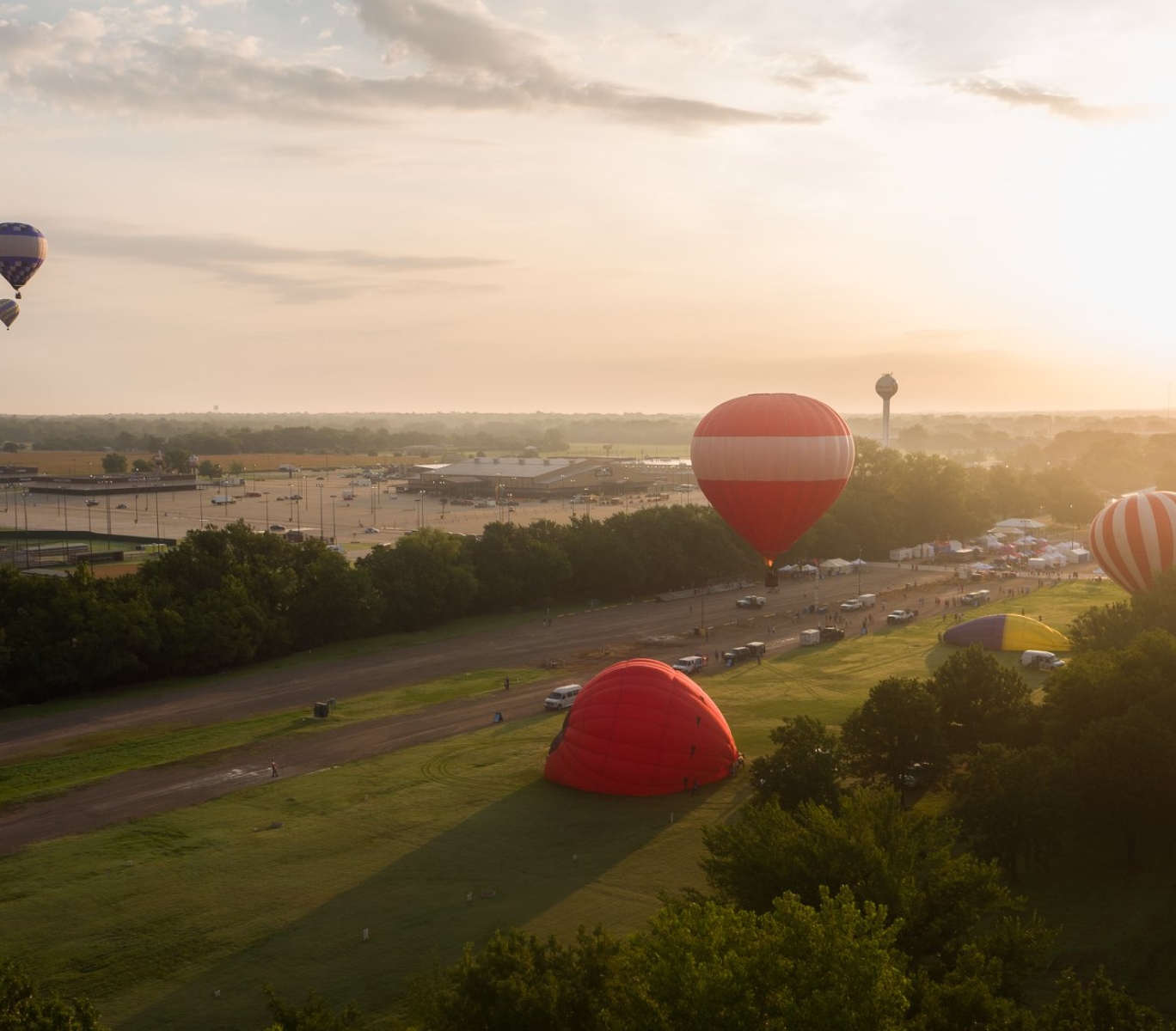 An aerial shot of hot air balloons